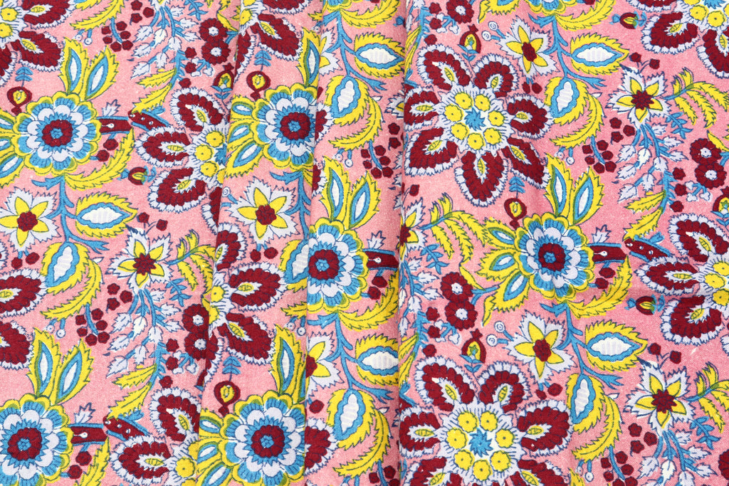 Mughal Floral Print Cotton Fabric: Pink Maroon Handstamped Cloth