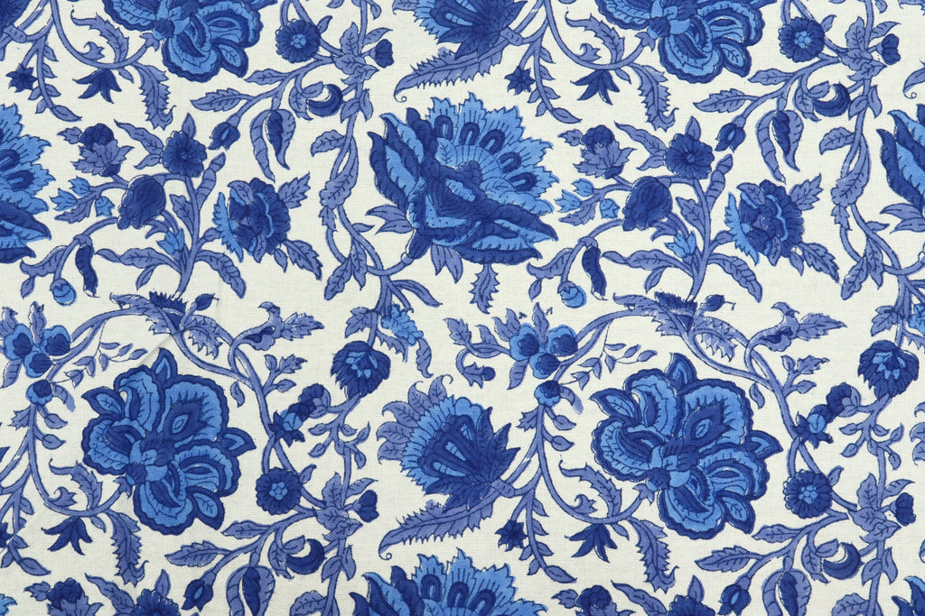 Blue Floral Cotton Fabric: Hand Block Print Indian Fabric by the Yard