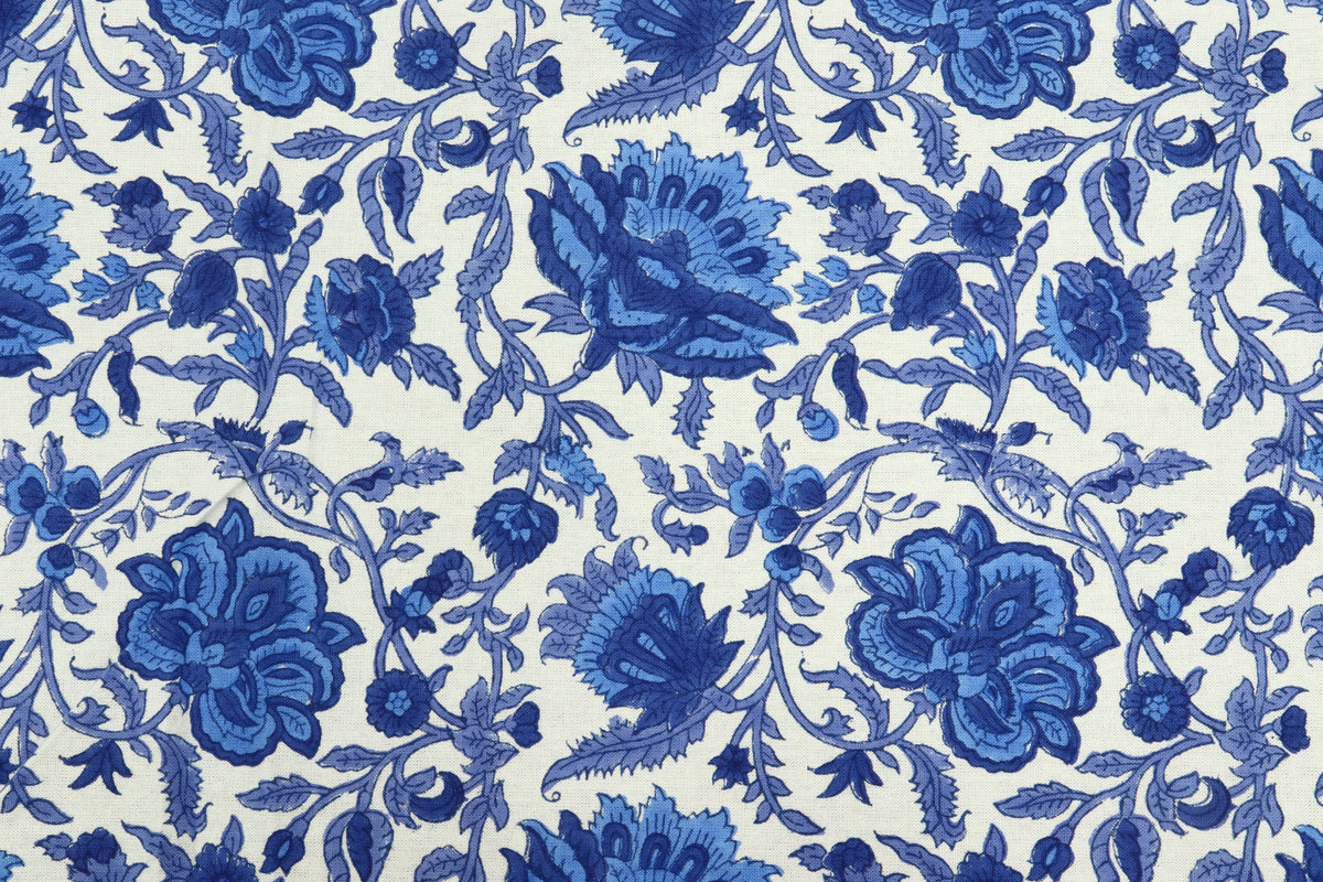 Blue Floral Cotton Fabric: Hand Block Print Indian Fabric by the Yard