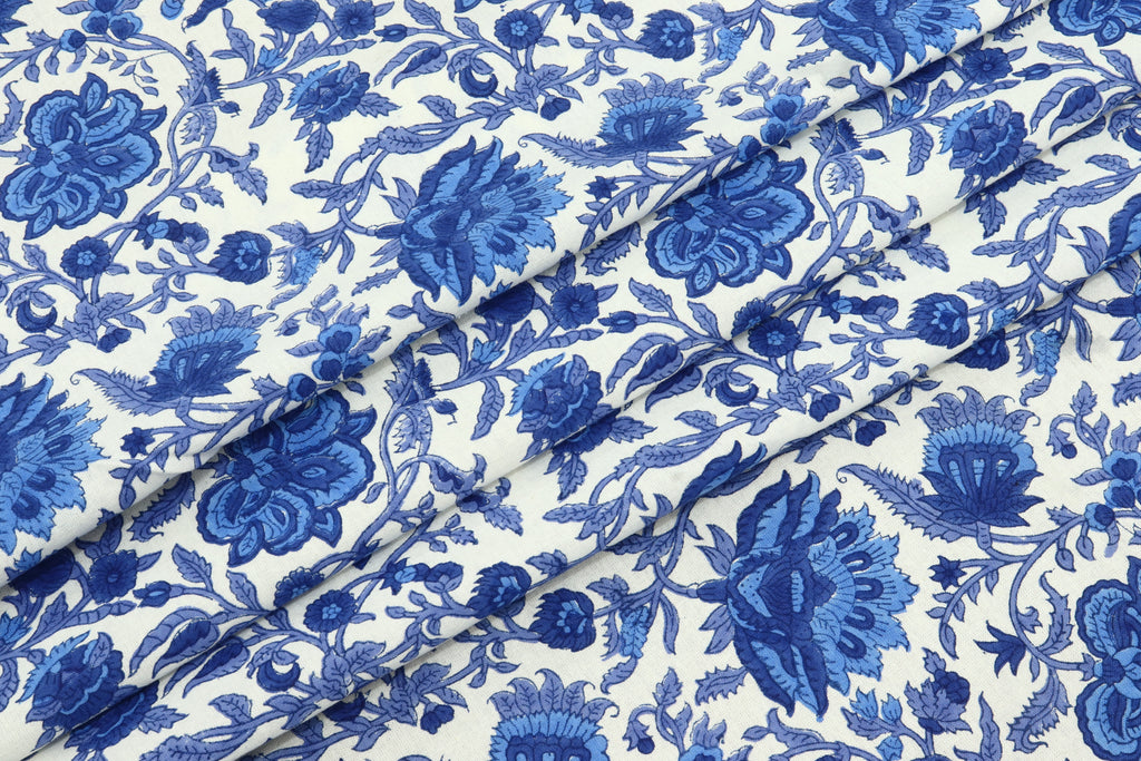 Blue Floral Cotton Fabric: Hand Block Print Indian Fabric by the Yard