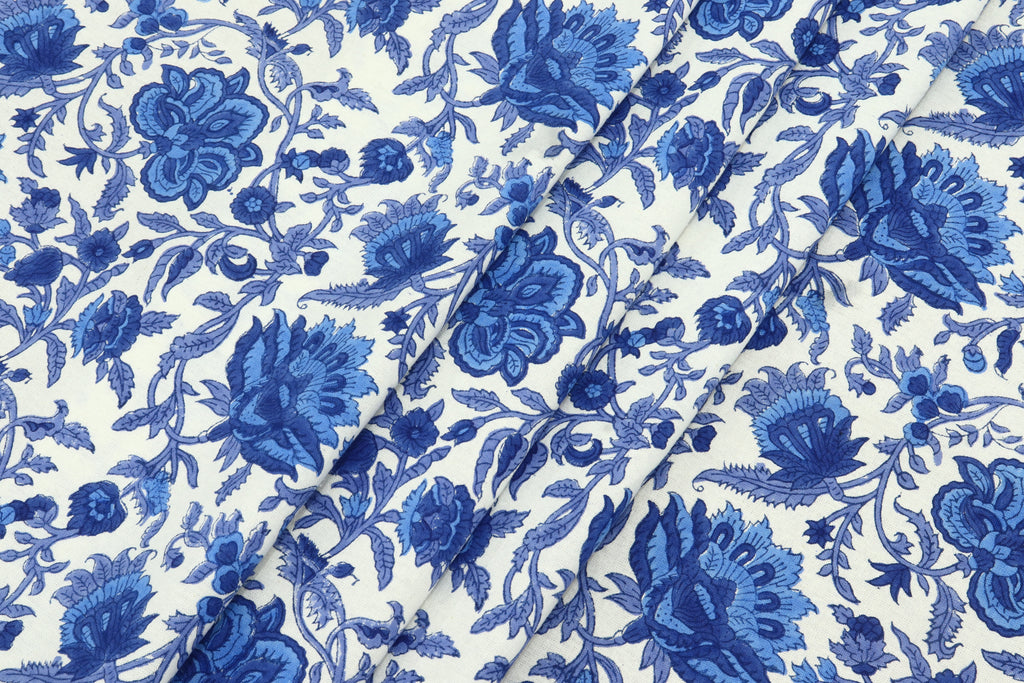 Blue Floral Cotton Fabric: Hand Block Print Indian Fabric by the Yard