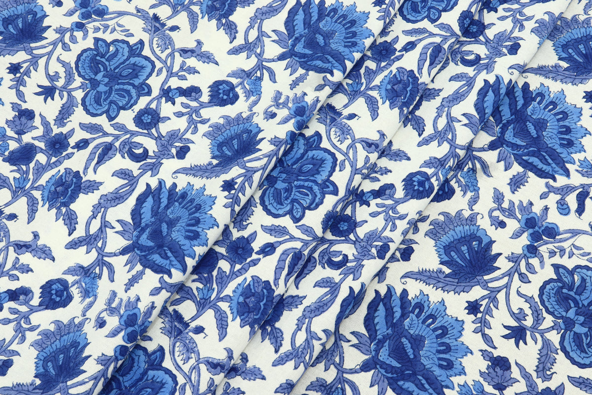 Blue Floral Cotton Fabric: Hand Block Print Indian Fabric by the Yard