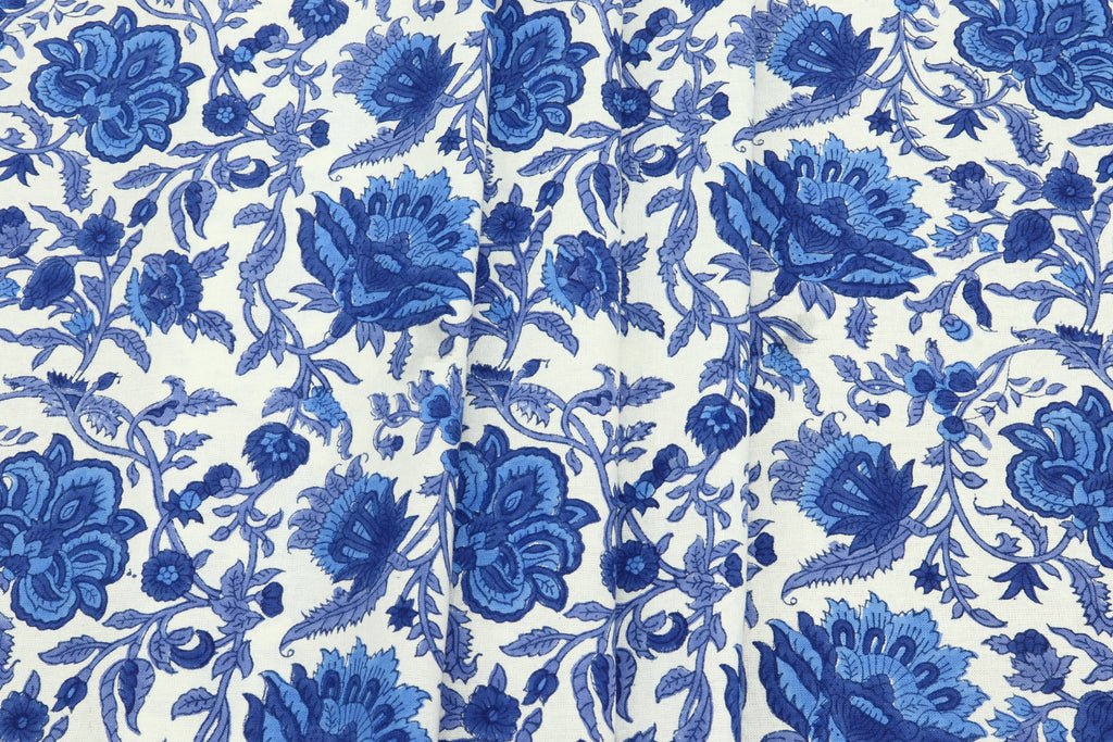 Blue Floral Cotton Fabric: Hand Block Print Indian Fabric by the Yard