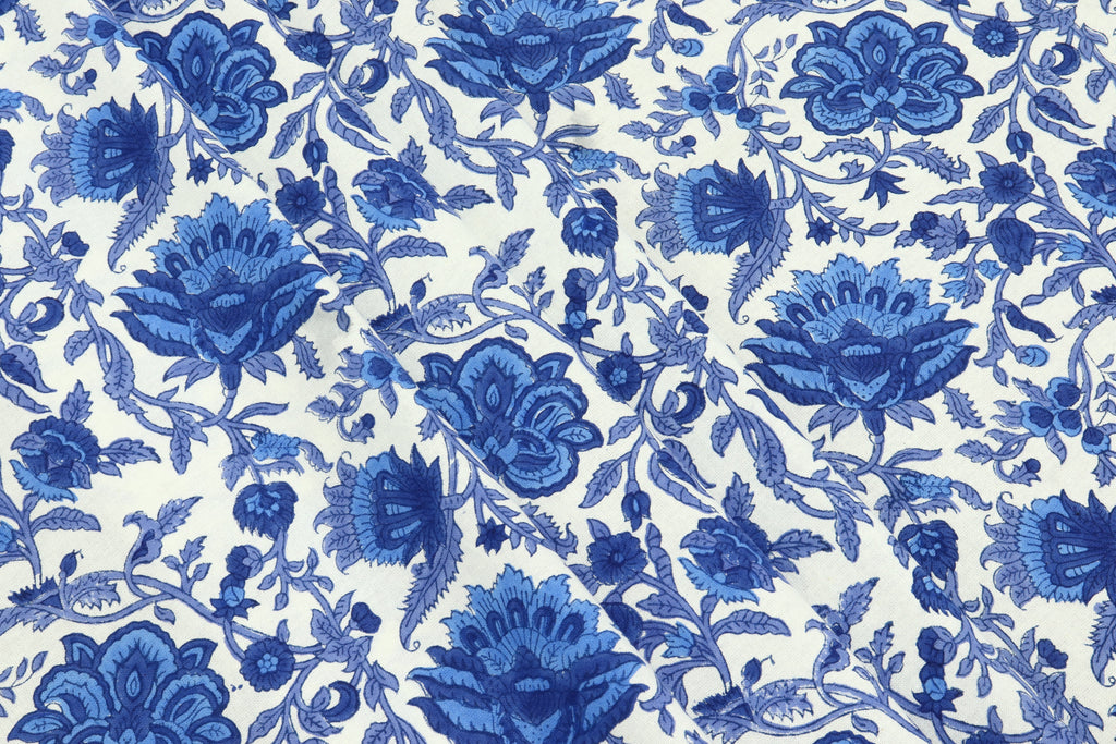 Blue Floral Cotton Fabric: Hand Block Print Indian Fabric by the Yard