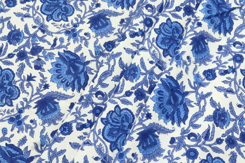 Blue Floral Cotton Fabric: Hand Block Print Indian Fabric by the Yard