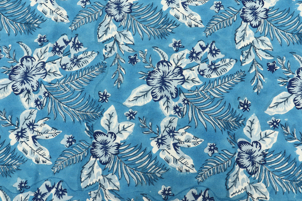 Blue Floral Blockprint Fabric: Indian Cotton By The Yard