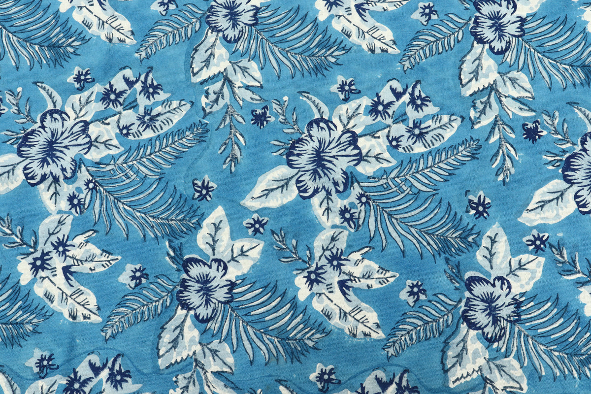 Blue Floral Blockprint Fabric: Indian Cotton By The Yard