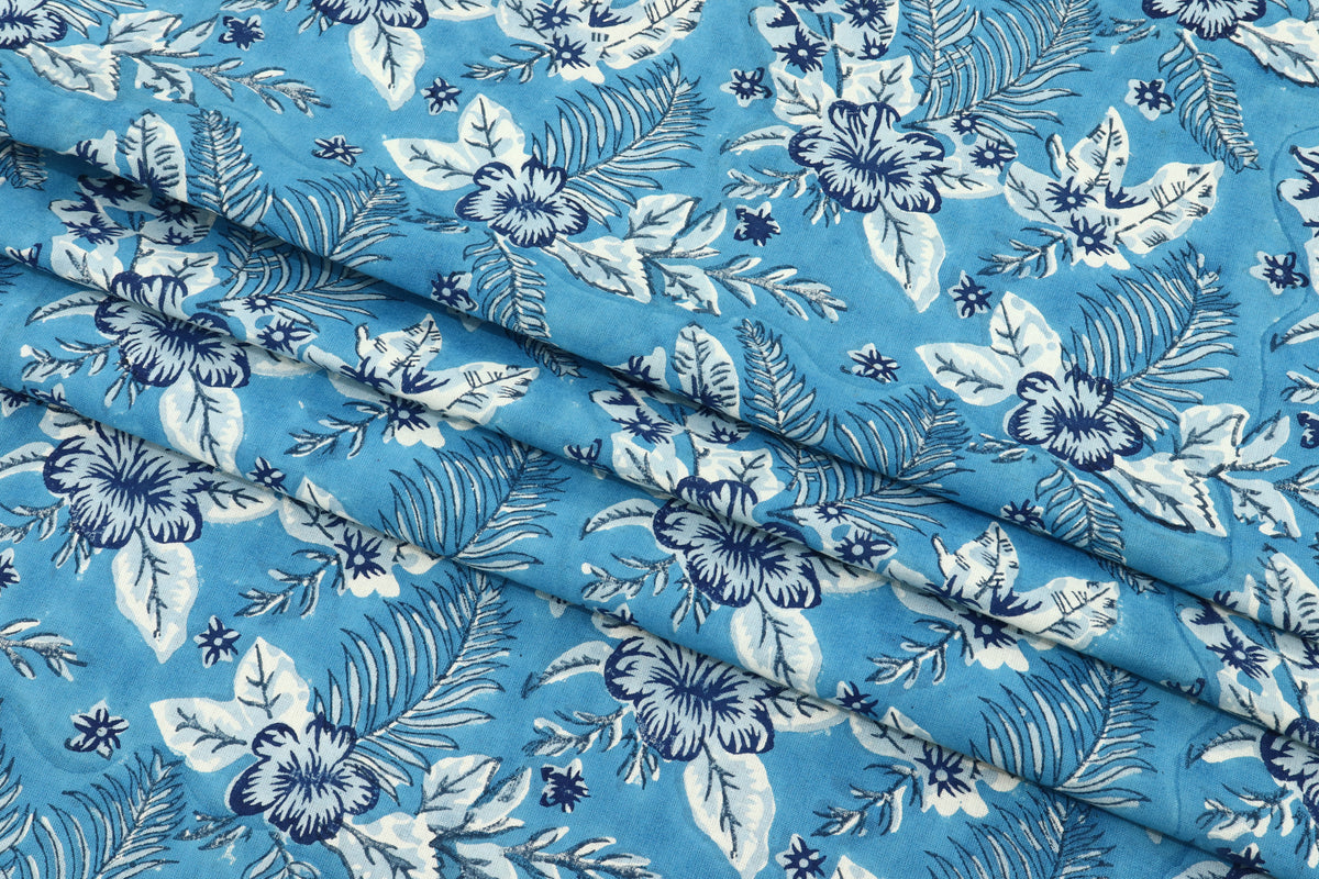 Blue Floral Blockprint Fabric: Indian Cotton By The Yard