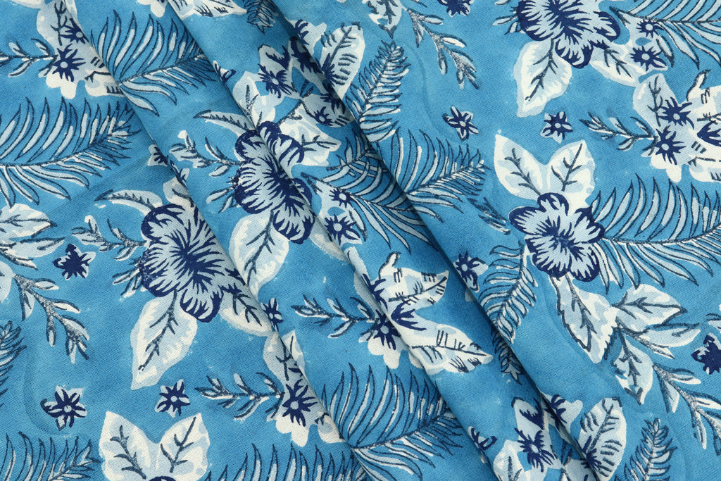 Blue Floral Blockprint Fabric: Indian Cotton By The Yard