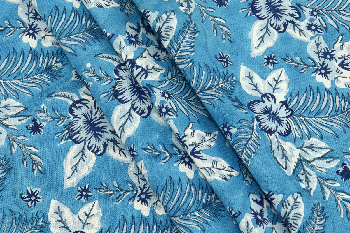 Blue Floral Blockprint Fabric: Indian Cotton By The Yard