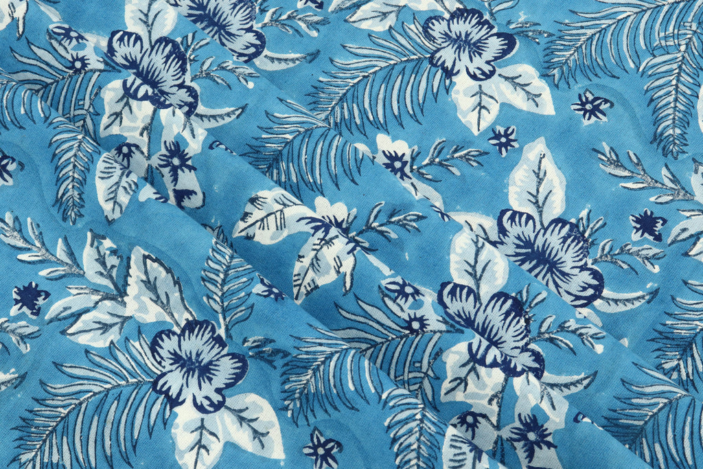 Blue Floral Blockprint Fabric: Indian Cotton By The Yard
