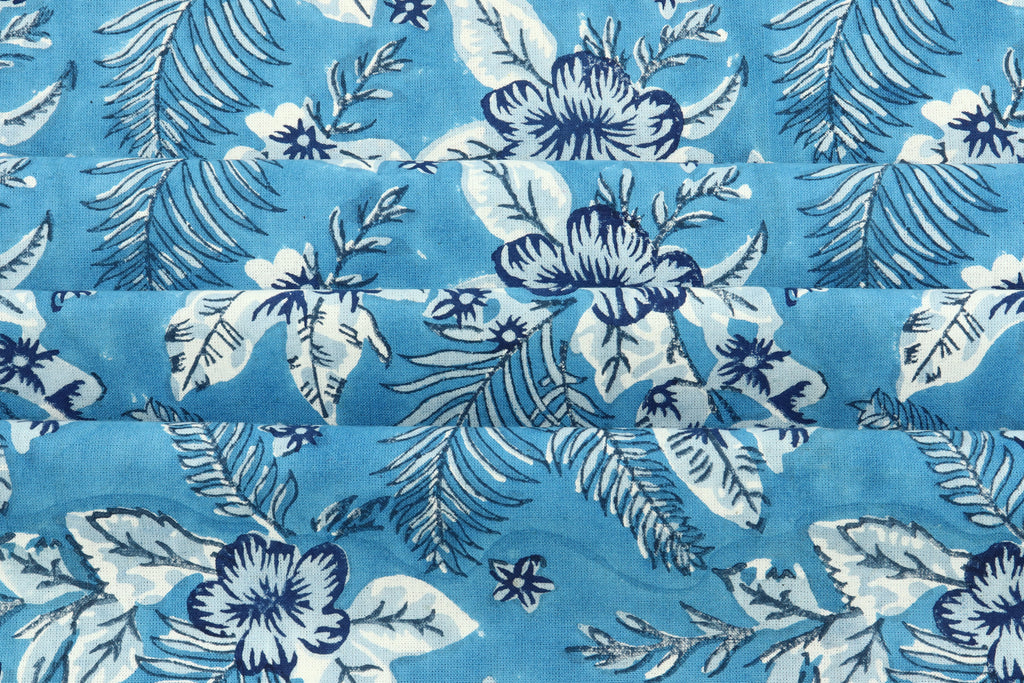 Blue Floral Blockprint Fabric: Indian Cotton By The Yard