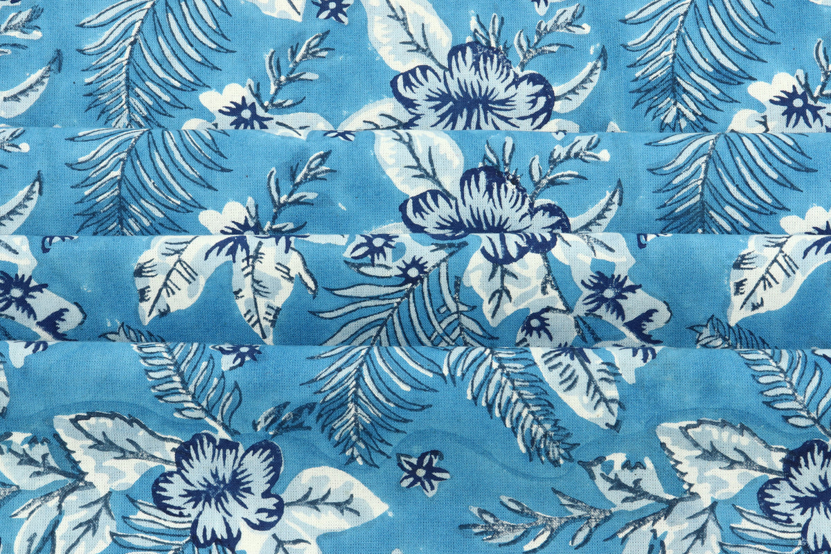 Blue Floral Blockprint Fabric: Indian Cotton By The Yard