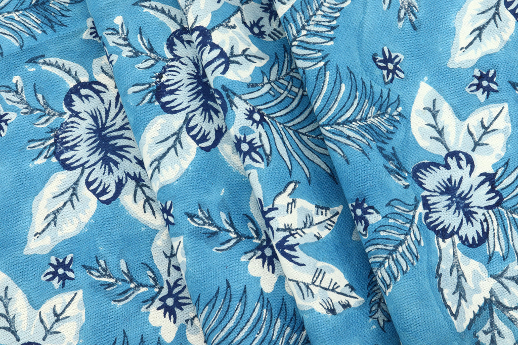 Blue Floral Blockprint Fabric: Indian Cotton By The Yard