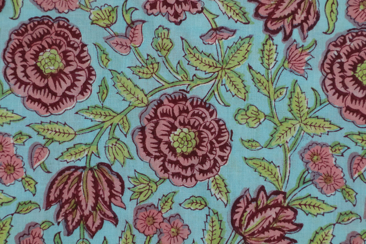 Blue & Pink Floral Block Print Linen Fabric - Indian Cotton By The Yard