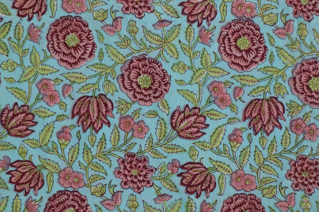 Blue & Pink Floral Block Print Linen Fabric - Indian Cotton By The Yard