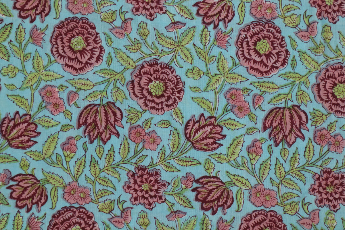 Blue & Pink Floral Block Print Linen Fabric - Indian Cotton By The Yard