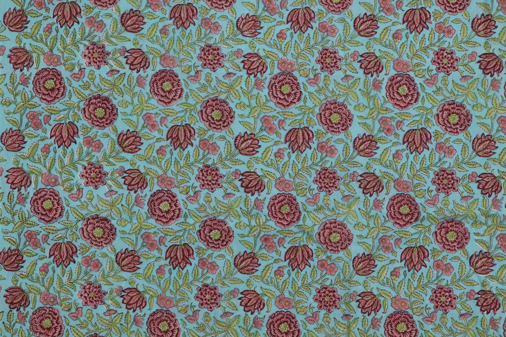 Blue & Pink Floral Block Print Linen Fabric - Indian Cotton By The Yard