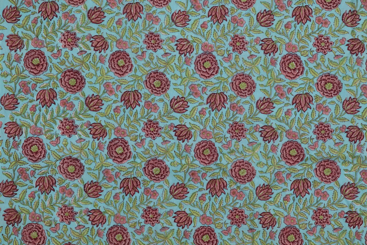 Blue & Pink Floral Block Print Linen Fabric - Indian Cotton By The Yard