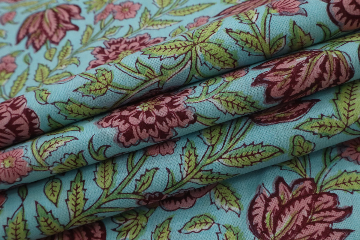 Blue & Pink Floral Block Print Linen Fabric - Indian Cotton By The Yard