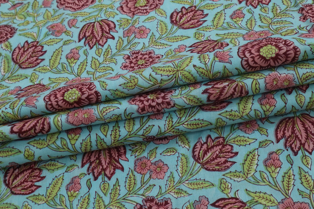 Blue & Pink Floral Block Print Linen Fabric - Indian Cotton By The Yard