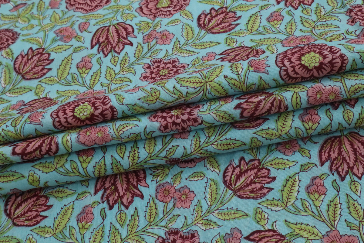 Blue & Pink Floral Block Print Linen Fabric - Indian Cotton By The Yard
