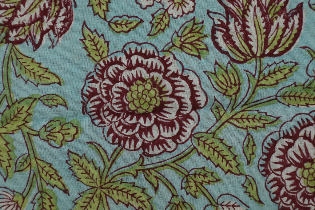 Blue & Pink Floral Block Print Linen Fabric - Indian Cotton By The Yard