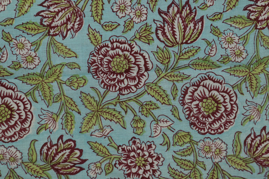 Blue & Pink Floral Block Print Linen Fabric - Indian Cotton By The Yard