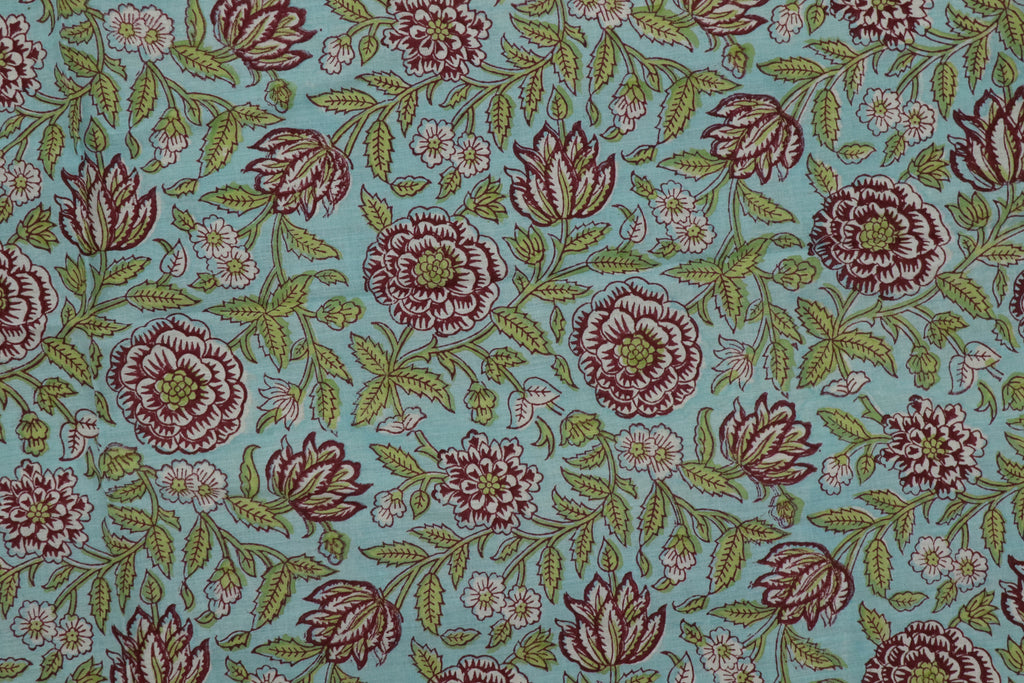 Blue & Pink Floral Block Print Linen Fabric - Indian Cotton By The Yard