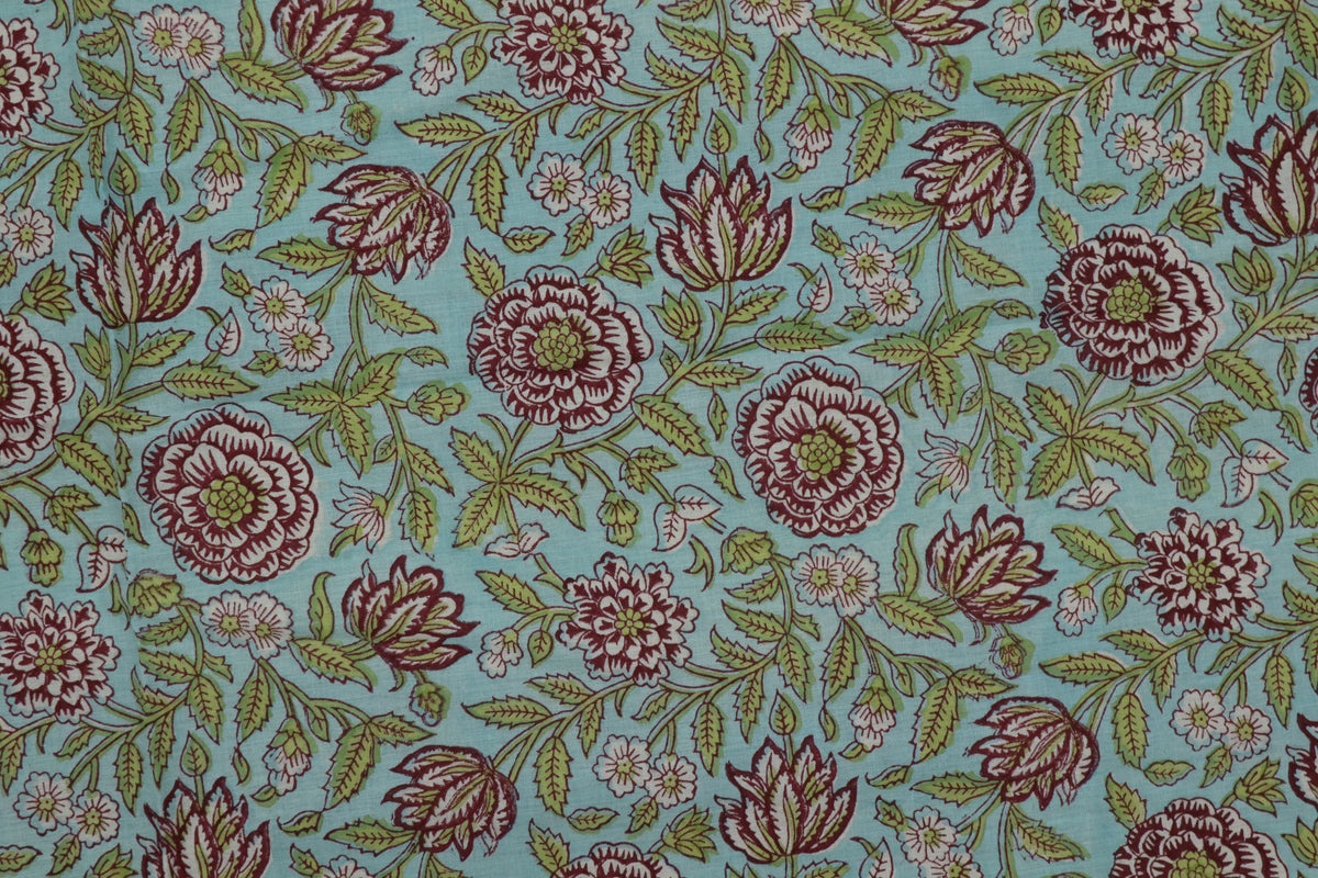 Blue & Pink Floral Block Print Linen Fabric - Indian Cotton By The Yard