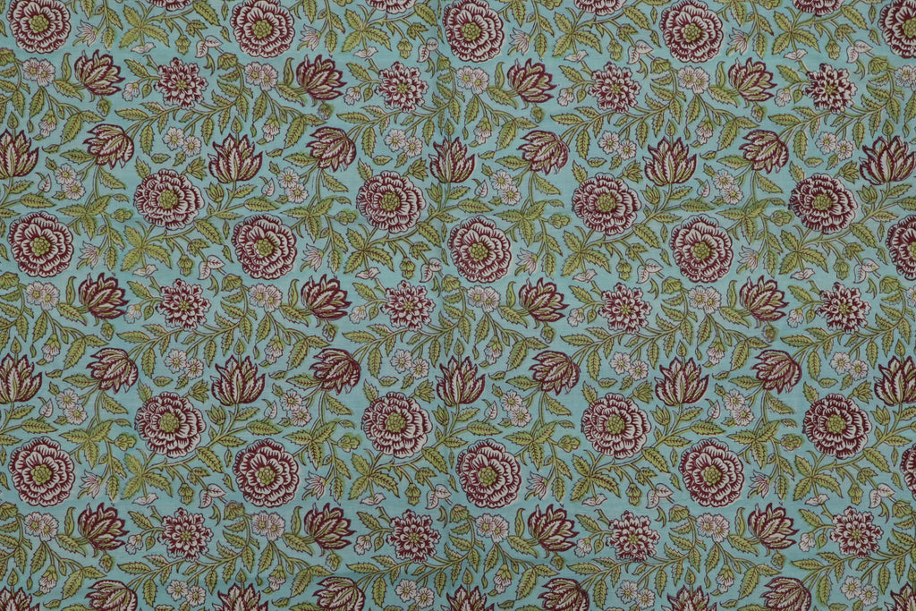 Blue & Pink Floral Block Print Linen Fabric - Indian Cotton By The Yard