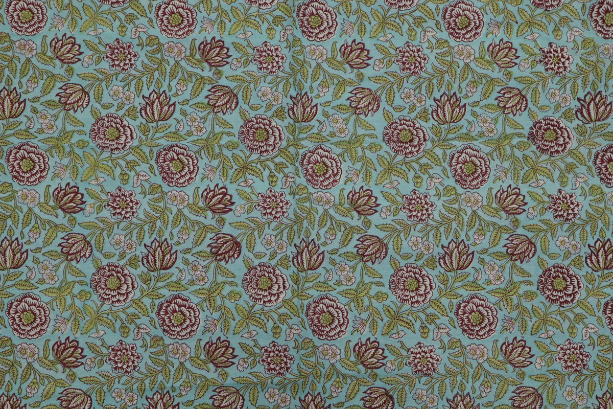 Blue & Pink Floral Block Print Linen Fabric - Indian Cotton By The Yard