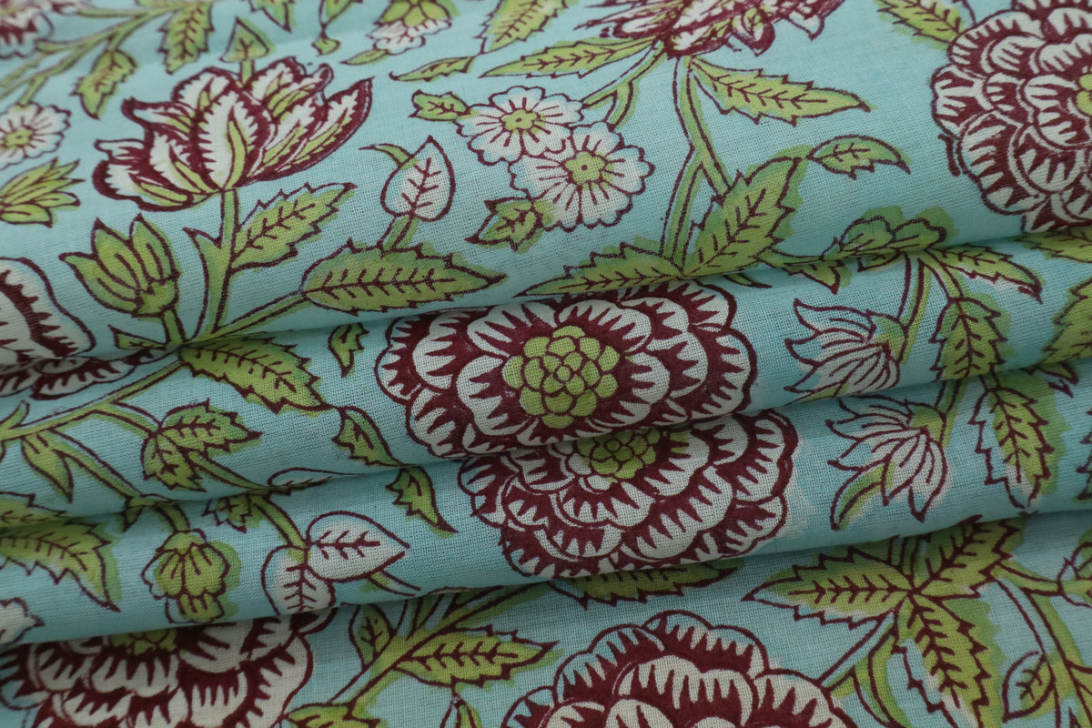 Blue & Pink Floral Block Print Linen Fabric - Indian Cotton By The Yard