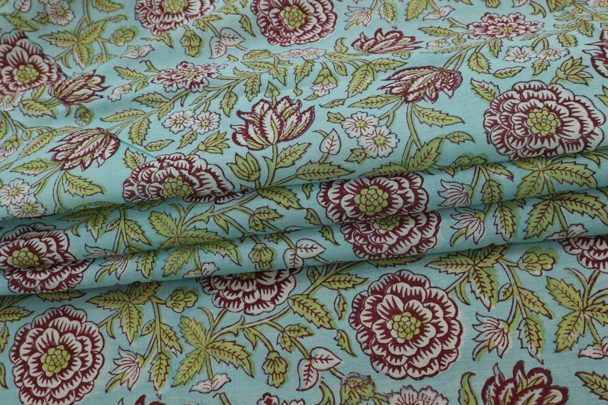 Blue & Pink Floral Block Print Linen Fabric - Indian Cotton By The Yard