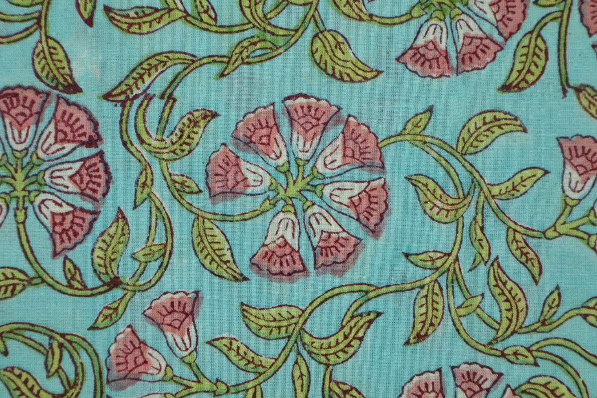 Floral Block Print Linen Fabric: Pink, Green & Blue Mughal Design