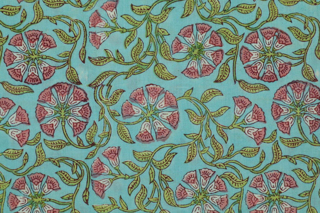 Floral Block Print Linen Fabric: Pink, Green & Blue Mughal Design