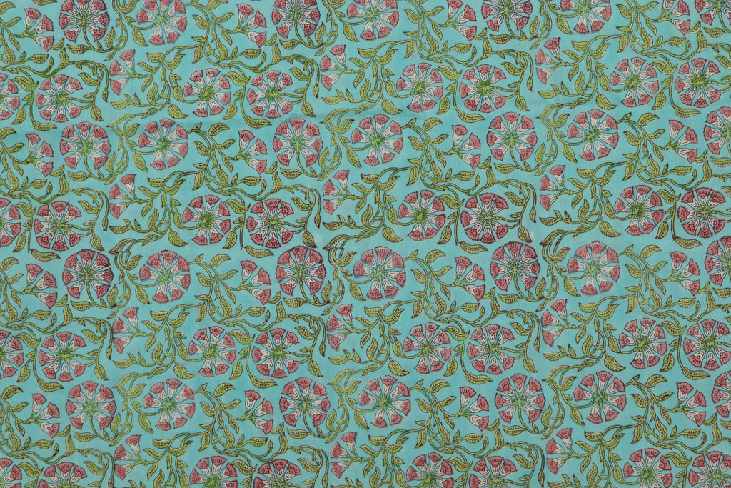 Floral Block Print Linen Fabric: Pink, Green & Blue Mughal Design