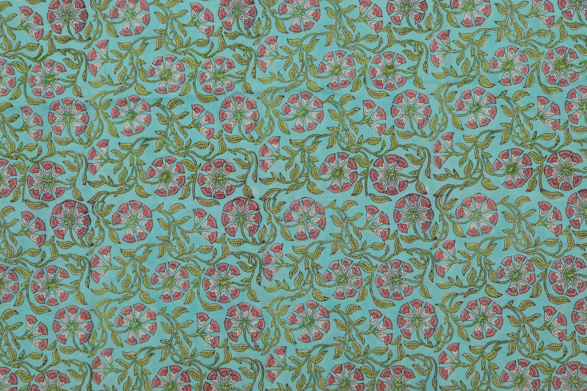 Floral Block Print Linen Fabric: Pink, Green & Blue Mughal Design