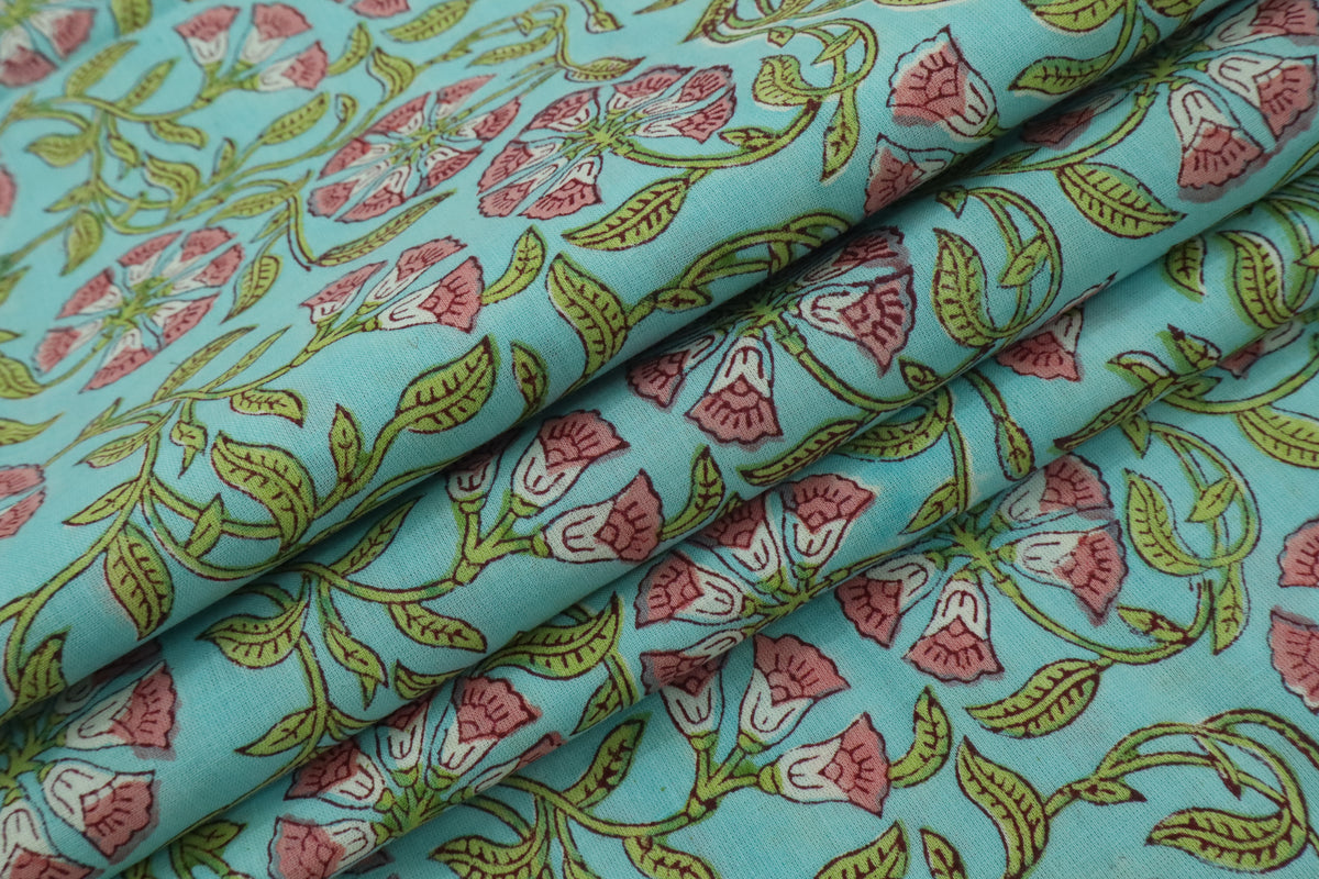 Floral Block Print Linen Fabric: Pink, Green & Blue Mughal Design