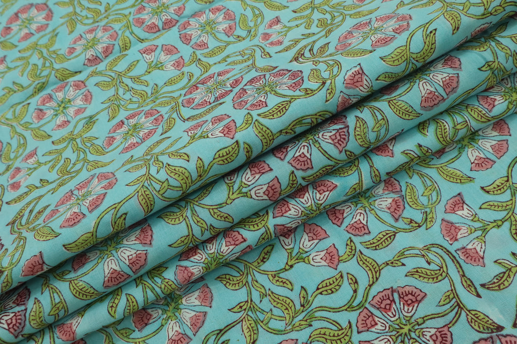 Floral Block Print Linen Fabric: Pink, Green & Blue Mughal Design