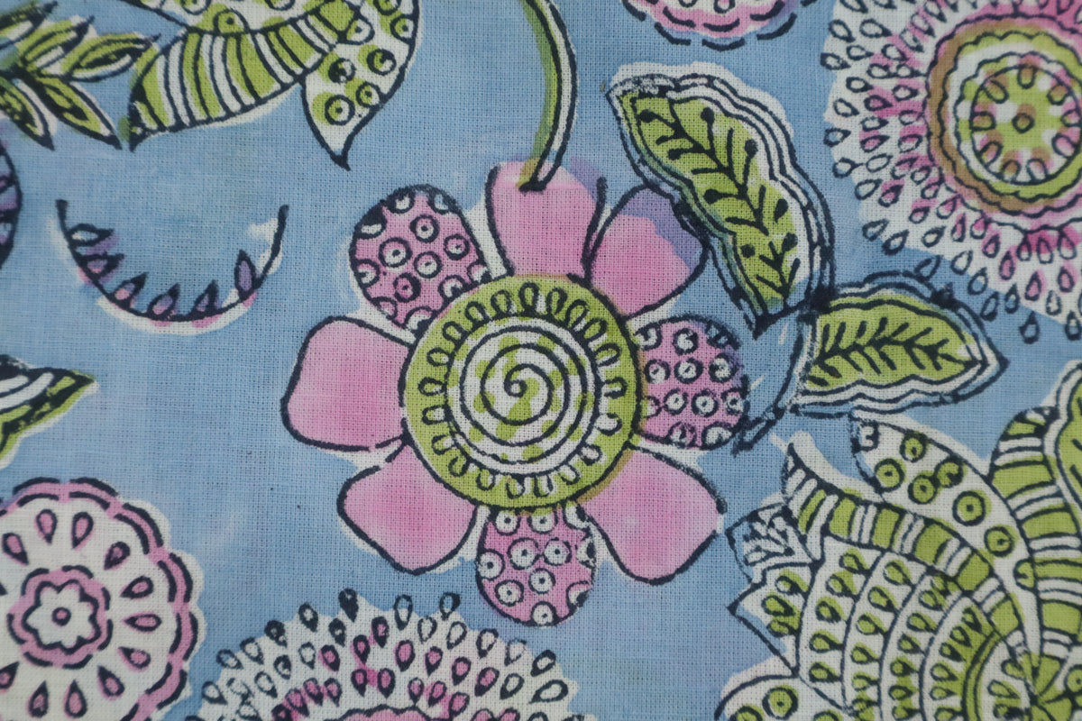 Floral Block Print Linen Fabric: Pink, Green & Blue Mughal Design