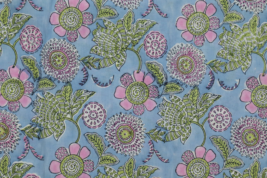 Floral Block Print Linen Fabric: Pink, Green & Blue Mughal Design