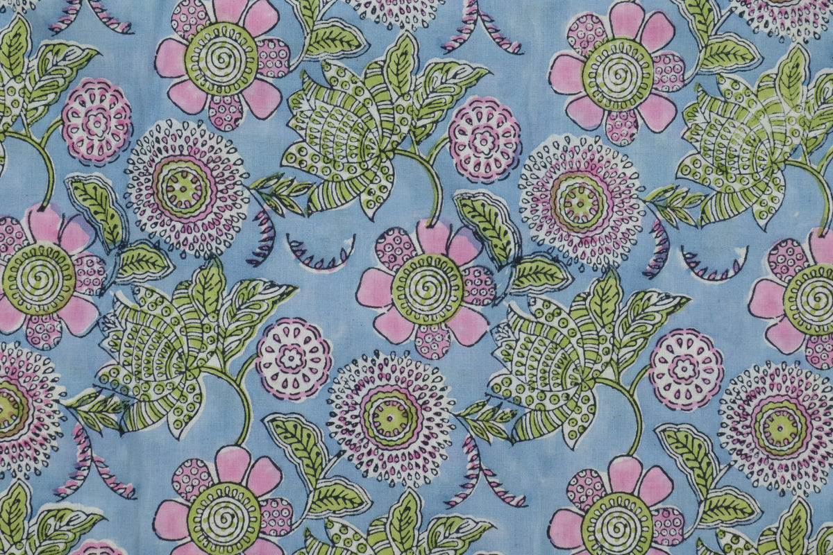 Floral Block Print Linen Fabric: Pink, Green & Blue Mughal Design
