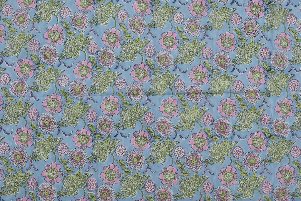 Floral Block Print Linen Fabric: Pink, Green & Blue Mughal Design