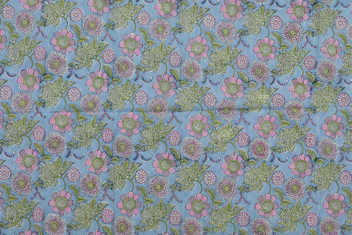 Floral Block Print Linen Fabric: Pink, Green & Blue Mughal Design