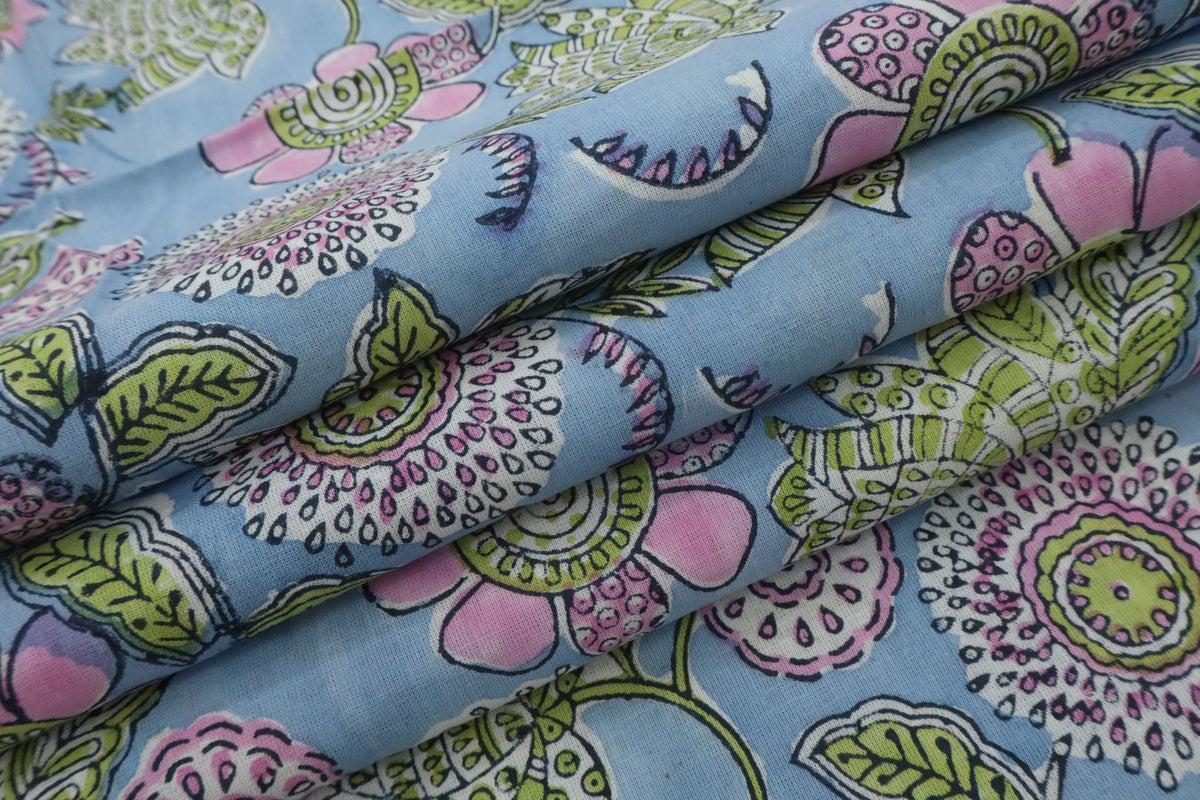 Floral Block Print Linen Fabric: Pink, Green & Blue Mughal Design