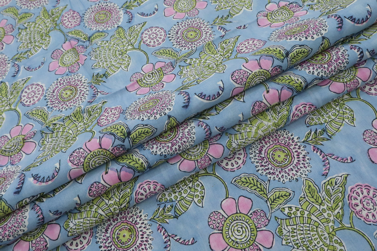 Floral Block Print Linen Fabric: Pink, Green & Blue Mughal Design