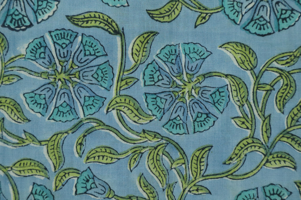 Mughal Floral Block Print Fabric: Blue & Green Linen Cotton Blend