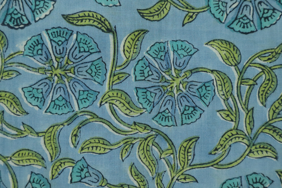 Mughal Floral Block Print Fabric: Blue & Green Linen Cotton Blend
