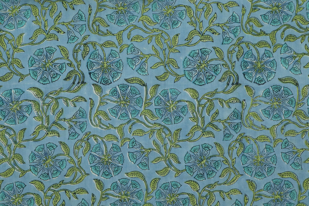 Mughal Floral Block Print Fabric: Blue & Green Linen Cotton Blend